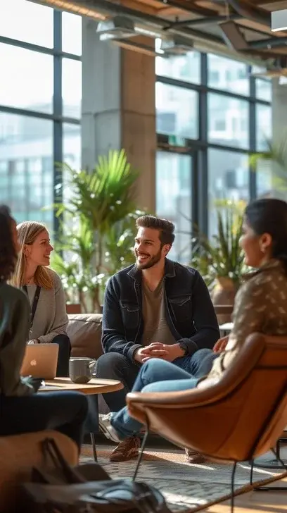 Colleagues sharing a relaxed conversation in a sunlit office