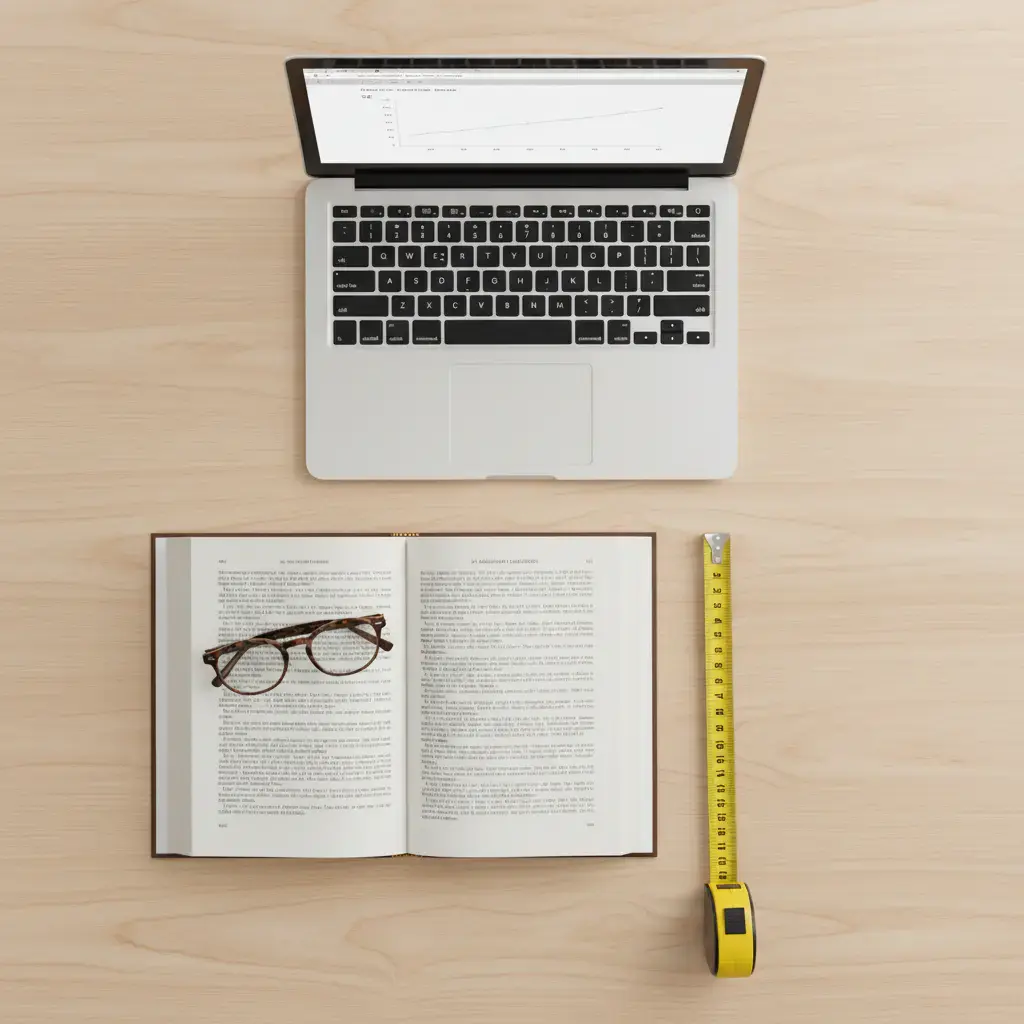 A desk being reviewed with a notebook and measuring tape
